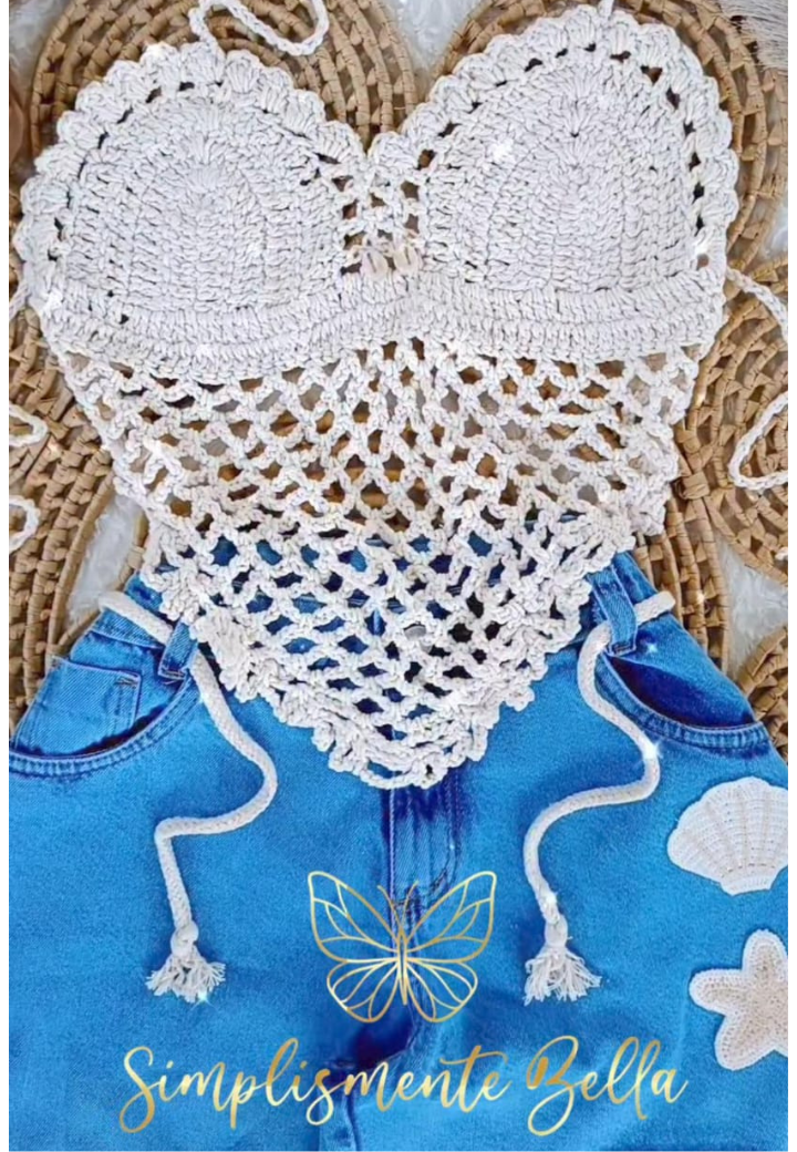 Cropped crochê artesanal+Short jeans 100% com aplicações